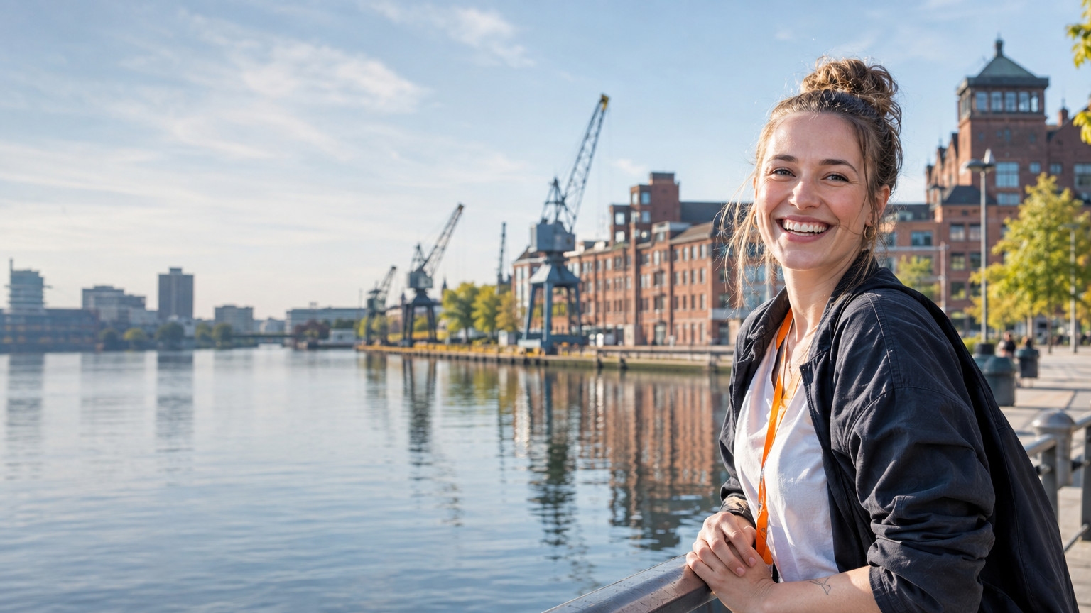 Dortmunder Hafen mit Kränen im Morgenlicht (KI-generiert)