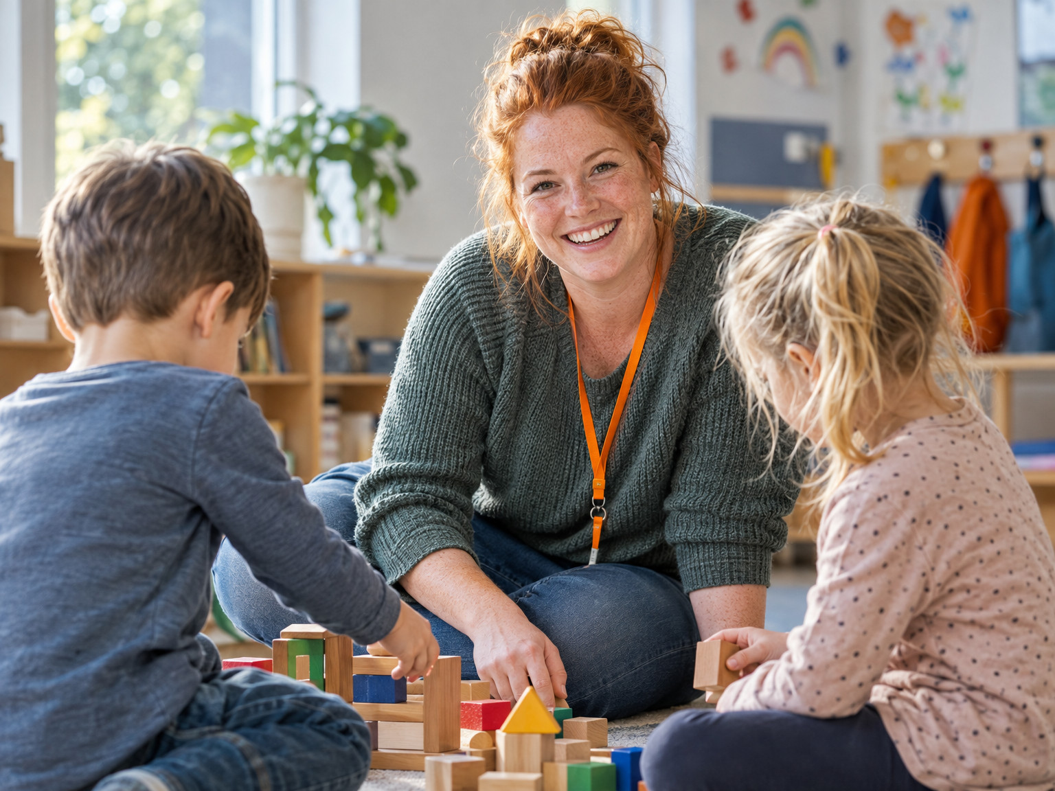 Zwei Kinder spielen in der Bauecke, eine Erzieherin begleitet sie (KI-generiert)