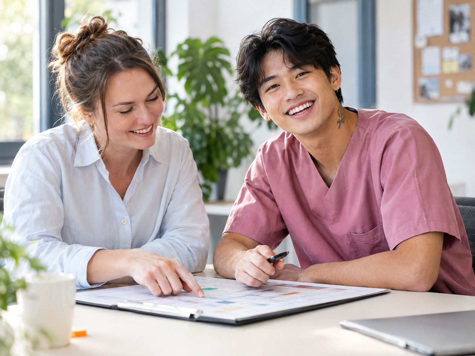 Beraterin und Pflegefachkraft besprechen im Büro die nächsten Einsätze (KI-generiert)