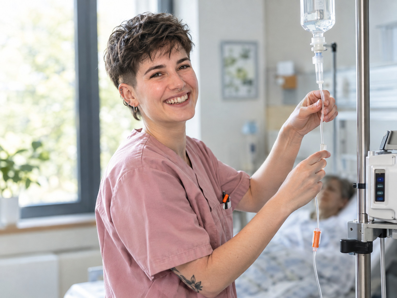 Pflegekraft richtet am Patientenbett eine Infusion (KI-generiert)